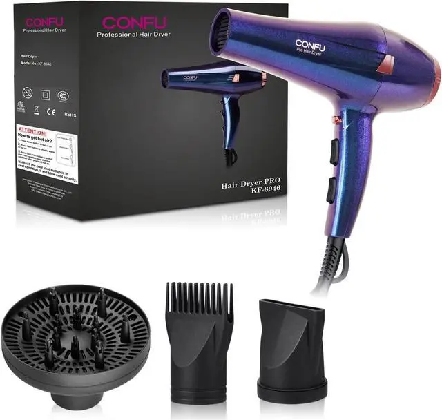 Alt view image 7 of 7 - CONFU Professional Hair Dryer, Compact Blow Dryer, Negative Ionic Hair Dryer with Diffuser and Concentrator, for Quick Drying, ETL Certified, Purple