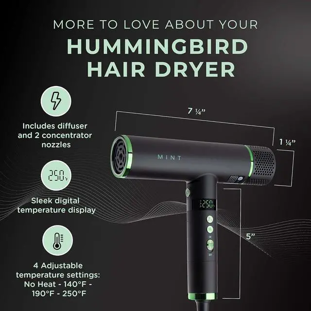Alt view image 4 of 6 - MINT Hummingbird Smart Professional Hair Dryer with Diffuser | Best Lightweight Blow Dryer with Brushless Motor | High Speed Ionic Hair Dryer with Ultra Quiet BLDC Motor
