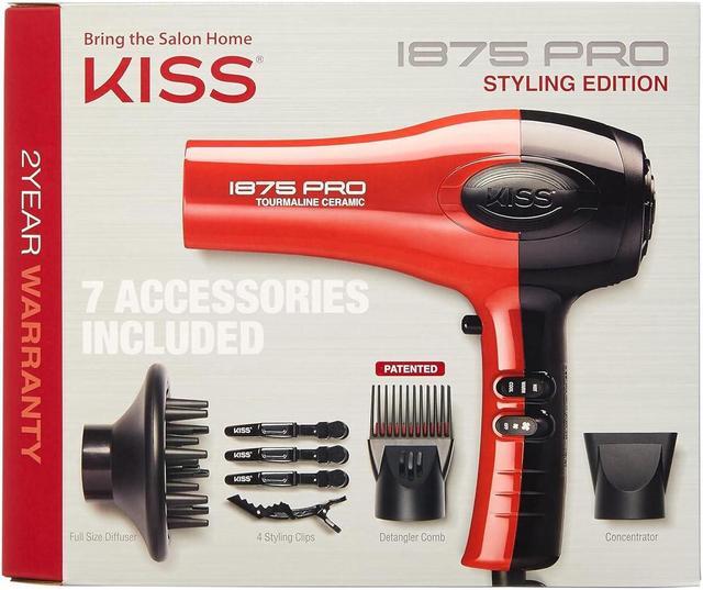 Main image of KISS 1875 Watt Pro Tourmaline Ceramic Hair Dryer, Styling Edition, 3 Heat Settings, 2 Speed Settings, Cool Shot Button, 7 Blow Dryer Accessories Included, 2-Year Warranty - Red