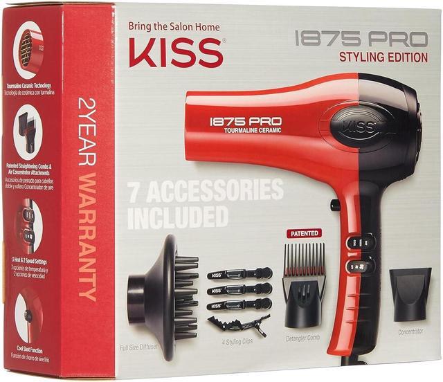 Alt view image 2 of 7 - KISS 1875 Watt Pro Tourmaline Ceramic Hair Dryer, Styling Edition, 3 Heat Settings, 2 Speed Settings, Cool Shot Button, 7 Blow Dryer Accessories Included, 2-Year Warranty - Red