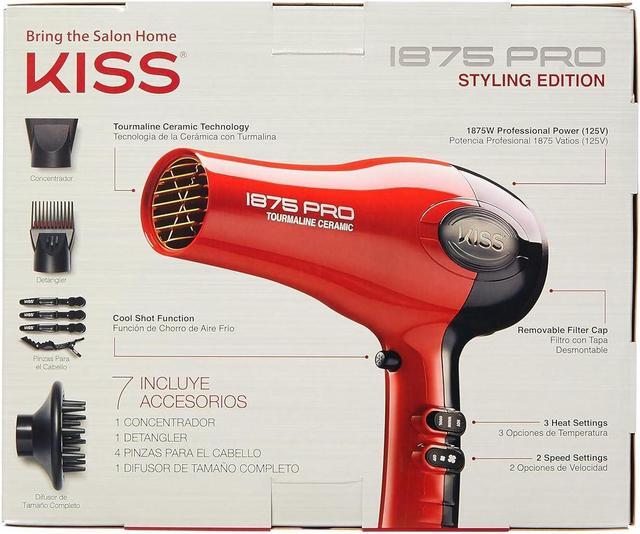 Alt view image 3 of 7 - KISS 1875 Watt Pro Tourmaline Ceramic Hair Dryer, Styling Edition, 3 Heat Settings, 2 Speed Settings, Cool Shot Button, 7 Blow Dryer Accessories Included, 2-Year Warranty - Red
