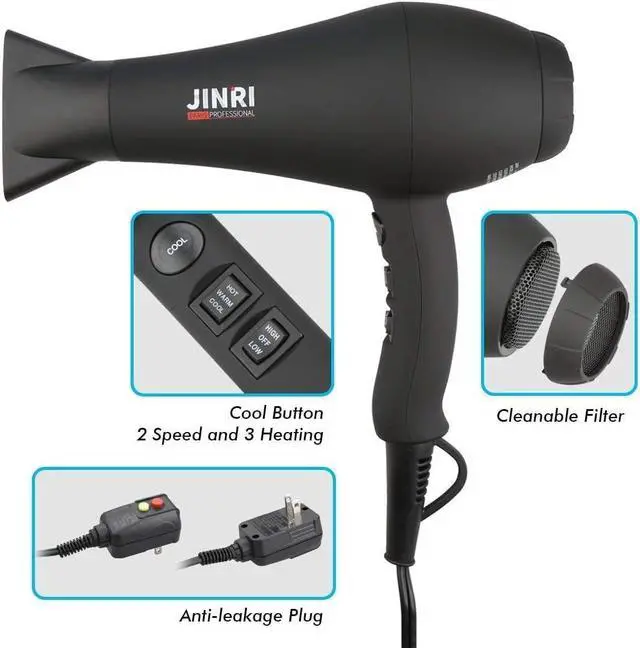 Alt view image 4 of 6 - Hair Dryer 1875W, Negative Ionic Fast Dry Low Noise Blow Dryer, Professional Salon Hair Dryers with Diffuser, Concentrator, Styling Pik, 2 Speed and 3 Heat Settings (Bk)