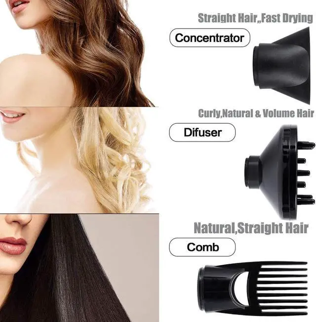 Alt view image 5 of 6 - Hair Dryer 1875W, Negative Ionic Fast Dry Low Noise Blow Dryer, Professional Salon Hair Dryers with Diffuser, Concentrator, Styling Pik, 2 Speed and 3 Heat Settings (Bk)