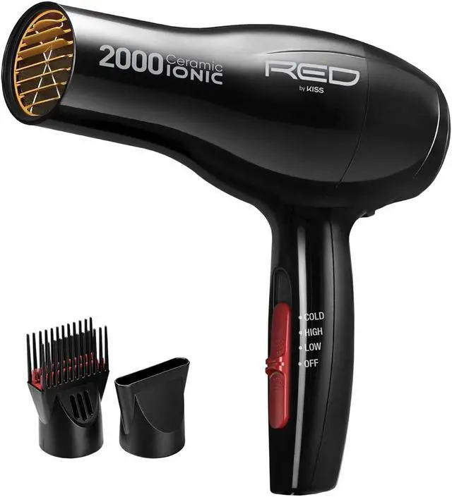 Main image of RED by Kiss Hair Dryer Ionic Hair Blow Dryer - Ceramic Technology, Anti-Frizz, 3 Heat Settings, Lightweight, 2 Detangler Piks