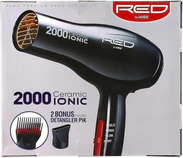 Alt view image 7 of 7 - RED by Kiss Hair Dryer Ionic Hair Blow Dryer - Ceramic Technology, Anti-Frizz, 3 Heat Settings, Lightweight, 2 Detangler Piks