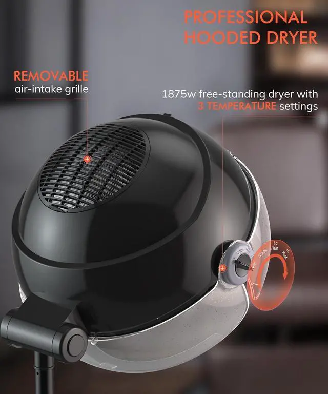 Alt view image 2 of 7 - TASALON Ionic Hooded Hair Dryer - 1875W Bonnet Dryer with 3 Temperature Settings - Portable Standing Dryer for Home and Salon