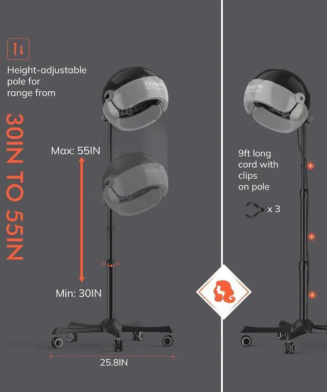 Alt view image 5 of 7 - TASALON Ionic Hooded Hair Dryer - 1875W Bonnet Dryer with 3 Temperature Settings - Portable Standing Dryer for Home and Salon