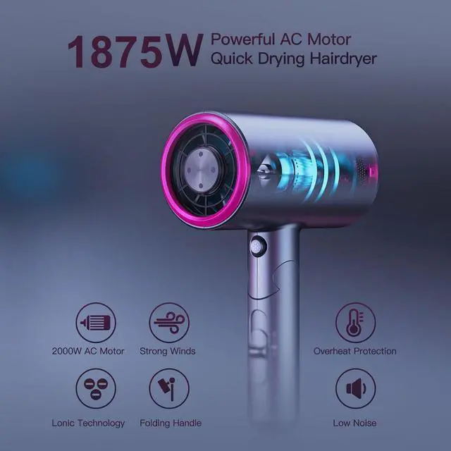 Alt view image 2 of 7 - PRETFY Portable Hair Dryer, 1875W Professional Ionic Hair Blow Dryer with Diffuser, Lightweight Design, Fast Drying, Low Noise, Foldable Small Hair Dryer for Home, Travel, Salon (Gray)