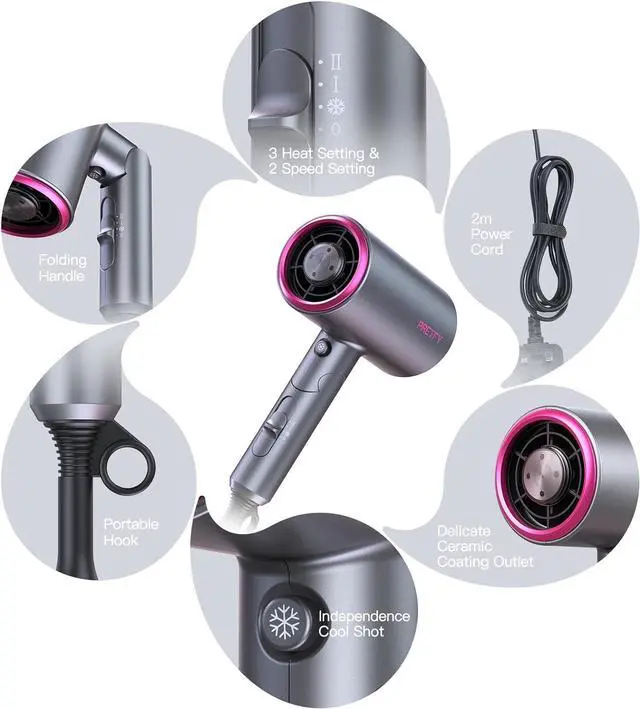 Alt view image 3 of 7 - PRETFY Portable Hair Dryer, 1875W Professional Ionic Hair Blow Dryer with Diffuser, Lightweight Design, Fast Drying, Low Noise, Foldable Small Hair Dryer for Home, Travel, Salon (Gray)