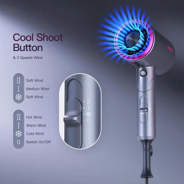 Alt view image 4 of 7 - PRETFY Portable Hair Dryer, 1875W Professional Ionic Hair Blow Dryer with Diffuser, Lightweight Design, Fast Drying, Low Noise, Foldable Small Hair Dryer for Home, Travel, Salon (Gray)