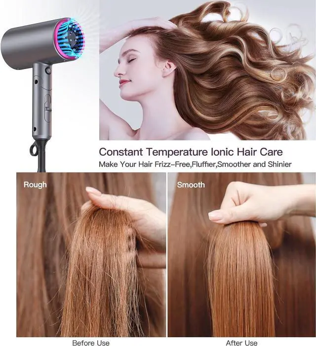 Alt view image 6 of 7 - PRETFY Portable Hair Dryer, 1875W Professional Ionic Hair Blow Dryer with Diffuser, Lightweight Design, Fast Drying, Low Noise, Foldable Small Hair Dryer for Home, Travel, Salon (Gray)