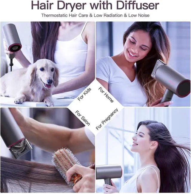Alt view image 7 of 7 - PRETFY Portable Hair Dryer, 1875W Professional Ionic Hair Blow Dryer with Diffuser, Lightweight Design, Fast Drying, Low Noise, Foldable Small Hair Dryer for Home, Travel, Salon (Gray)