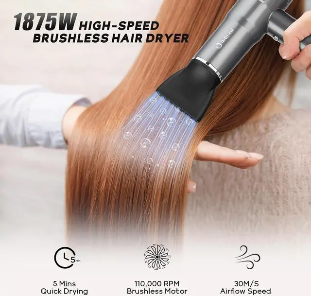 Alt view image 3 of 7 - Blow Dryer with Diffuser, IG INGLAM Professional Hair Dryer 110,000RPM Brushless Motor High Speed Low Noise Constant Temperature Auto-Clean, Powerful Ionic Hair Dryer for Salon Travel Gift