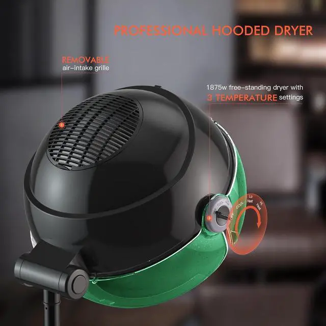 Alt view image 2 of 7 - TASALON Professional Ionic Hooded 1875W Hair Dryer with 3 Temperature Settings, Transparent Glitter Visor, Side Switch, Rolling Wheels & Timer, Stand Blow Dryer for Salon, Spa and Home Use - Green