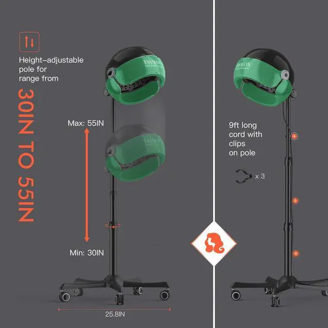 Alt view image 5 of 7 - TASALON Professional Ionic Hooded 1875W Hair Dryer with 3 Temperature Settings, Transparent Glitter Visor, Side Switch, Rolling Wheels & Timer, Stand Blow Dryer for Salon, Spa and Home Use - Green