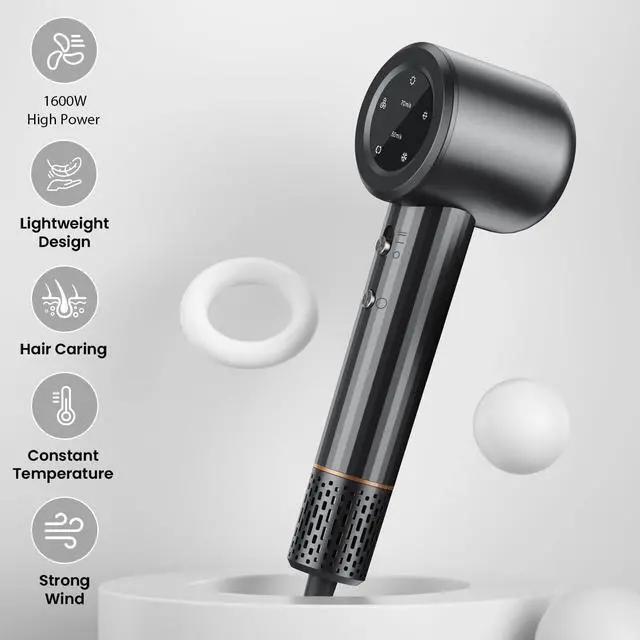 Alt view image 4 of 7 - Hair Dryer - 110000 RPM High-Speed Brushless Motor Negative Ionic Blow Dryer for Fast Drying, 1400W 3Temps /2Speeds Low Noise Thermo-Control Hairdryer with Magnetic Nozzle&LED Display(Grey)