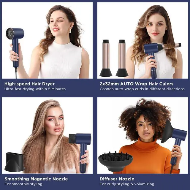 Alt view image 3 of 7 - PARWIN PRO BEAUTY Air-Sonic Hair Dryer with Diffuser, HD-LED Display & 110, 000 RPM High Speed Ionic Blow Dryer, 1 1/4 Inch Left & Right Air Auto-Wrap Curlers, Prussian Blue Professional Version
