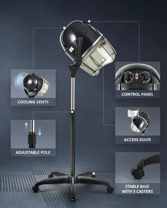 Alt view image 3 of 7 - CO-Z 1300W Black Hooded Hair Dryer with Stand, Adjustable Height, 360 Swivel, Wheels, Temperature Timer, Safe Use