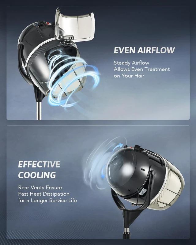 Alt view image 5 of 7 - CO-Z 1300W Black Hooded Hair Dryer with Stand, Adjustable Height, 360 Swivel, Wheels, Temperature Timer, Safe Use