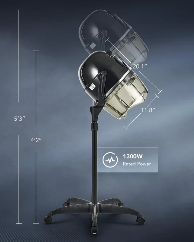 Alt view image 6 of 7 - CO-Z 1300W Black Hooded Hair Dryer with Stand, Adjustable Height, 360 Swivel, Wheels, Temperature Timer, Safe Use