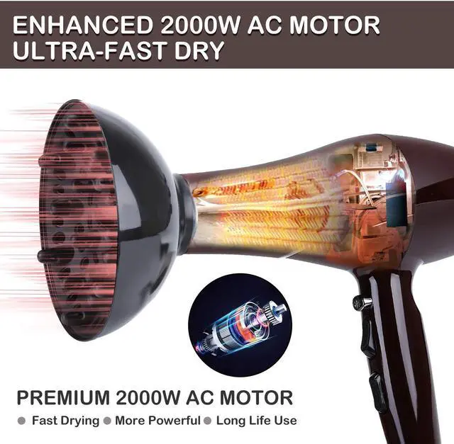 Alt view image 2 of 6 - Xpoliman 2000 Watt Hair Dryer, Negative Ionic Blow Dryer with Diffuser Concentrator Comb, 2 Speed 3 Heat Settings, Low Noise Long Life Style-Brown/Purple