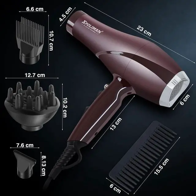 Alt view image 4 of 6 - Xpoliman 2000 Watt Hair Dryer, Negative Ionic Blow Dryer with Diffuser Concentrator Comb, 2 Speed 3 Heat Settings, Low Noise Long Life Style-Brown/Purple