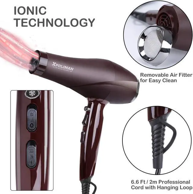 Alt view image 5 of 6 - Xpoliman 2000 Watt Hair Dryer, Negative Ionic Blow Dryer with Diffuser Concentrator Comb, 2 Speed 3 Heat Settings, Low Noise Long Life Style-Brown/Purple