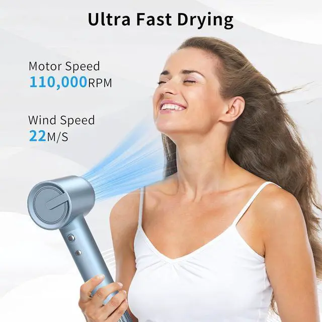 Alt view image 2 of 7 - Ionic Fast Drying Hair Dryer - 110000 RPM High-Speed Brushless Motor Blow Dryer for Women | Low Noise Thermo-Control & Negative Ions Hairdryer with Magnetic Nozzle for Home Travel Salon (Silver Blue)