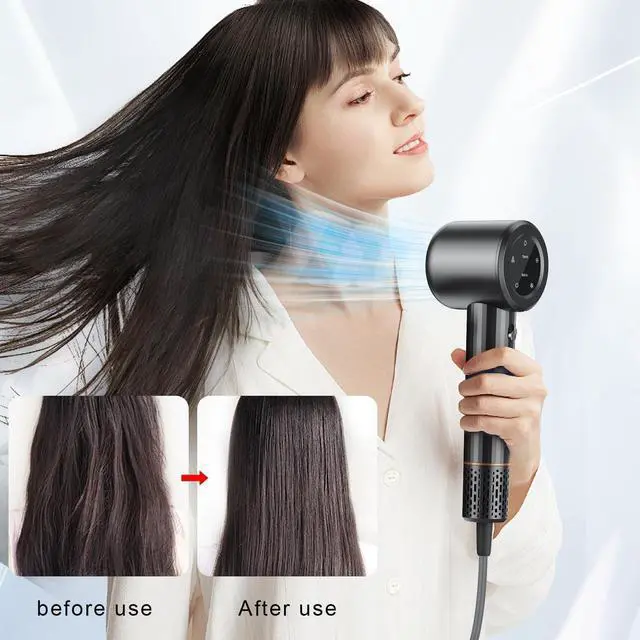 Alt view image 6 of 7 - Hair Dryer - 110000 RPM High-Speed Brushless Motor Negative Ionic Blow Dryer for Fast Drying, 1400W 3Temps /2Speeds Low Noise Thermo-Control Hairdryer with Magnetic Nozzle&LED Display(Grey)