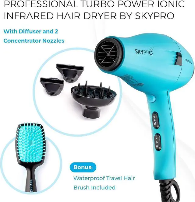 Alt view image 2 of 7 - Turbo Ionic Blow Dryer with Attachments | Quiet & Powerful Professional Blow Dryer with Anti Frizz Technology | Tourmaline Hair Dryer with Infrared Heat |Short Barrel Travel Hair Dryer with Diffuser