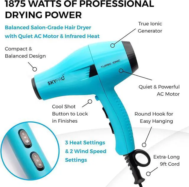 Alt view image 3 of 7 - Turbo Ionic Blow Dryer with Attachments | Quiet & Powerful Professional Blow Dryer with Anti Frizz Technology | Tourmaline Hair Dryer with Infrared Heat |Short Barrel Travel Hair Dryer with Diffuser