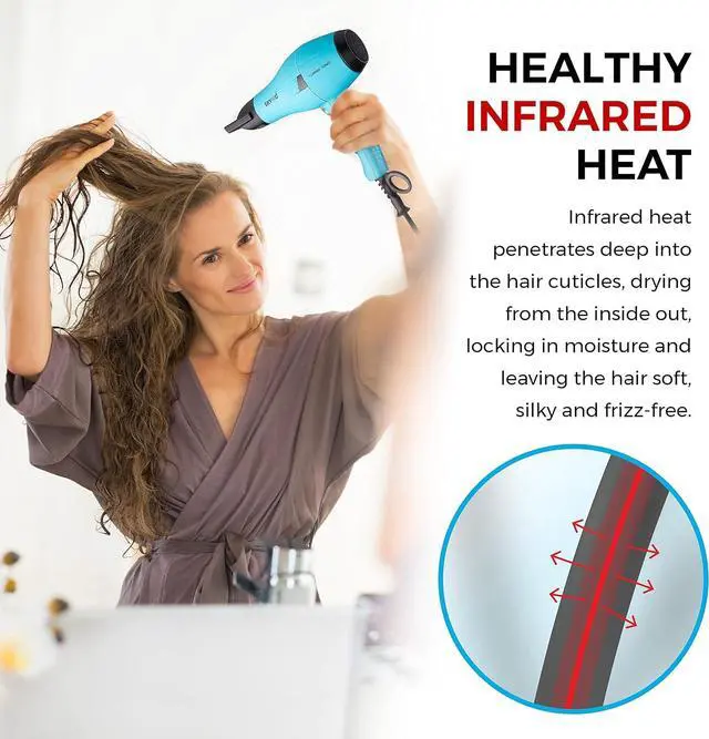 Alt view image 5 of 7 - Turbo Ionic Blow Dryer with Attachments | Quiet & Powerful Professional Blow Dryer with Anti Frizz Technology | Tourmaline Hair Dryer with Infrared Heat |Short Barrel Travel Hair Dryer with Diffuser