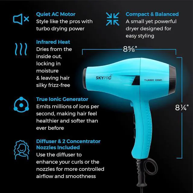 Alt view image 4 of 7 - Turbo Ionic Blow Dryer with Attachments | Quiet & Powerful Professional Blow Dryer with Anti Frizz Technology | Tourmaline Hair Dryer with Infrared Heat |Short Barrel Travel Hair Dryer with Diffuser