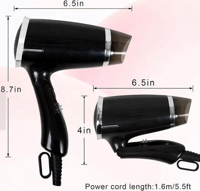 Alt view image 2 of 7 - Folding Hair Dryer, Compact Blow Dryer - Portable Professional Hair Dryer with 3 Heat Settings, Low Noise, Tourmaline Ceramic, Lightweight, for Men and Women