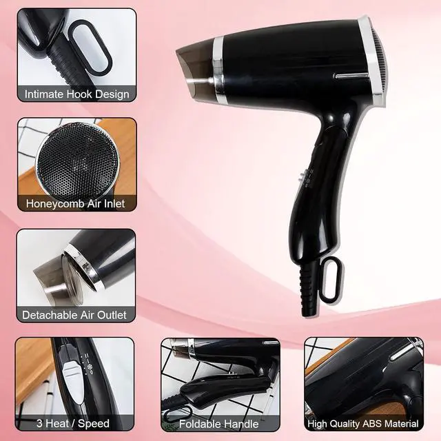 Alt view image 3 of 7 - Folding Hair Dryer, Compact Blow Dryer - Portable Professional Hair Dryer with 3 Heat Settings, Low Noise, Tourmaline Ceramic, Lightweight, for Men and Women