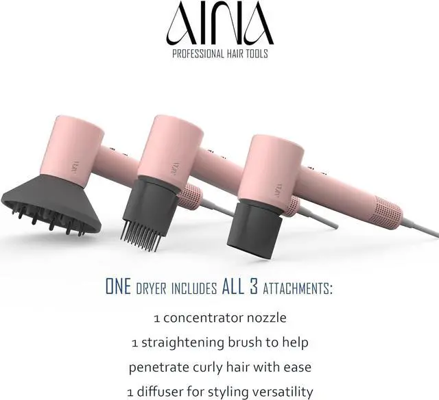 Alt view image 2 of 6 - AINA Hair Dryer,Blow Dryer with Diffuser Brush Comb for Women - BLDC Hair Dryer - Brushless Motor, 110,000 RPM Lightweight,Ionic Travel, 3 Magnetic Attachments 110V/ALCI(Baby Pink)