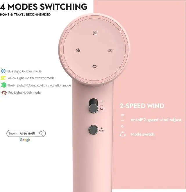 Alt view image 4 of 6 - AINA Hair Dryer,Blow Dryer with Diffuser Brush Comb for Women - BLDC Hair Dryer - Brushless Motor, 110,000 RPM Lightweight,Ionic Travel, 3 Magnetic Attachments 110V/ALCI(Baby Pink)