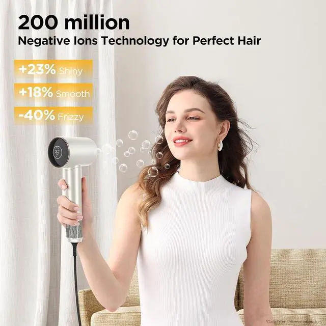 Alt view image 4 of 7 - Hair Dryer, 110, 000 RPM Air-Sonic Blow Dryer with High-Speed Brushless Motor, Cool Care Dry Display & 200 Million Negative Ionic, PARWIN PRO BEAUTY 1875W Professional Hairdryer,Champagne Silver