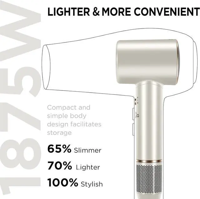 Alt view image 7 of 7 - Hair Dryer, 110, 000 RPM Air-Sonic Blow Dryer with High-Speed Brushless Motor, Cool Care Dry Display & 200 Million Negative Ionic, PARWIN PRO BEAUTY 1875W Professional Hairdryer,Champagne Silver