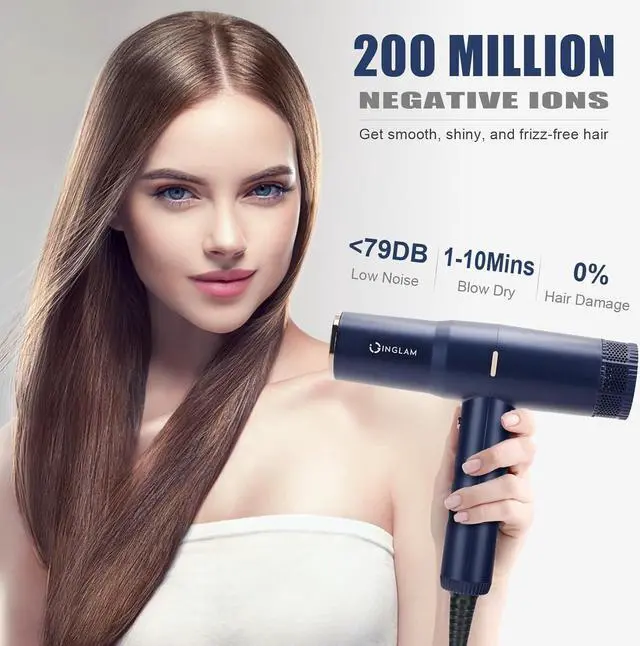 Alt view image 2 of 7 - Diffuser Hair Dryer, IG INGLAM Professional Blow Dryer 110,000 RPM High Speed Brushless Motor Negative Ion Low Noise Constant Temperature Auto-Clean, Lightweight for Travel Home Salon Ionic Hair Dryer