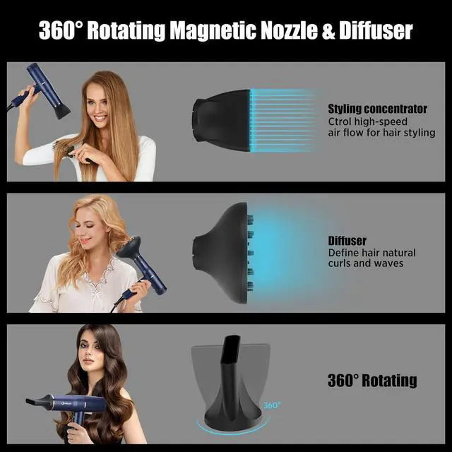 Alt view image 5 of 7 - Diffuser Hair Dryer, IG INGLAM Professional Blow Dryer 110,000 RPM High Speed Brushless Motor Negative Ion Low Noise Constant Temperature Auto-Clean, Lightweight for Travel Home Salon Ionic Hair Dryer