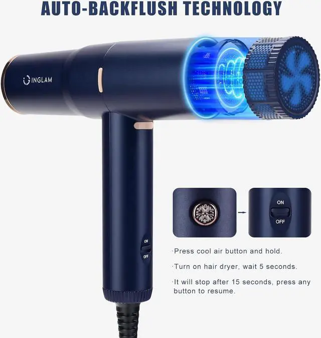 Alt view image 6 of 7 - Diffuser Hair Dryer, IG INGLAM Professional Blow Dryer 110,000 RPM High Speed Brushless Motor Negative Ion Low Noise Constant Temperature Auto-Clean, Lightweight for Travel Home Salon Ionic Hair Dryer