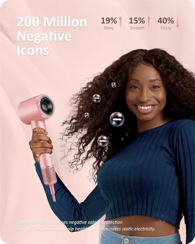 Alt view image 4 of 6 - Rudd Hair Dryer with Diffuser - High Speed Hair Dryer with Display, 110000 RPM Brushless Motor for Fast Drying, 200 Million Negative Inoic Blow Dryer Low Noise Hair Dryer, Pink
