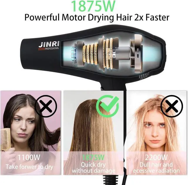 Alt view image 2 of 7 - Professional Salon Grade Hair Dryer 1875W, Powerful Fast Drying Pro Negative Ionic & Infrared Blow Dryer, Low Noise Blow Dryer with Diffuser, Concentrator, Comb, 2 Speed & 3 Heat Settings