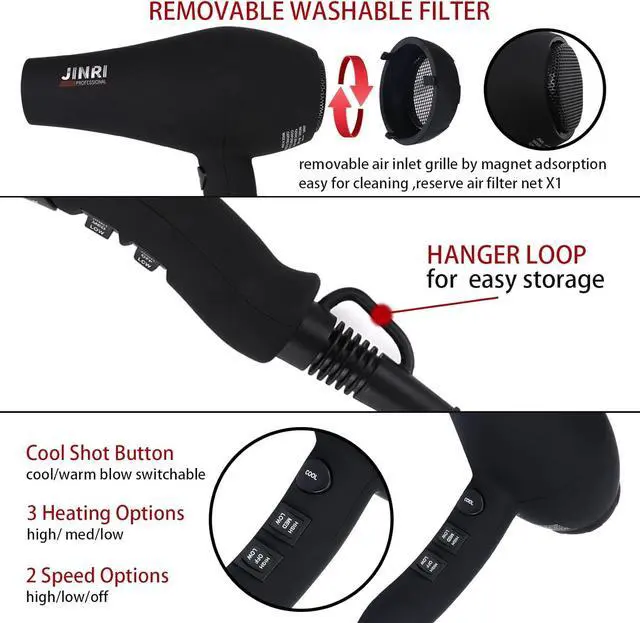 Alt view image 5 of 7 - Professional Salon Grade Hair Dryer 1875W, Powerful Fast Drying Pro Negative Ionic & Infrared Blow Dryer, Low Noise Blow Dryer with Diffuser, Concentrator, Comb, 2 Speed & 3 Heat Settings