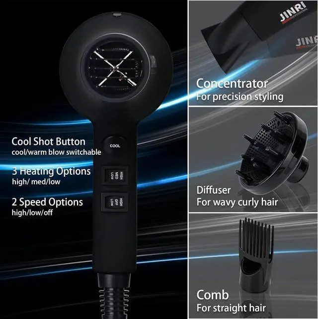 Alt view image 6 of 7 - Professional Salon Grade Hair Dryer 1875W, Powerful Fast Drying Pro Negative Ionic & Infrared Blow Dryer, Low Noise Blow Dryer with Diffuser, Concentrator, Comb, 2 Speed & 3 Heat Settings