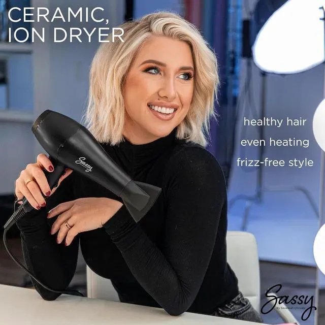 Alt view image 2 of 7 - Sassy Ceramic Ion Hair Dryer, 1875-Watt Salon Dryer with Concentrator and Diffuser, Multiple Heat Settings and Cool Shot (Black)
