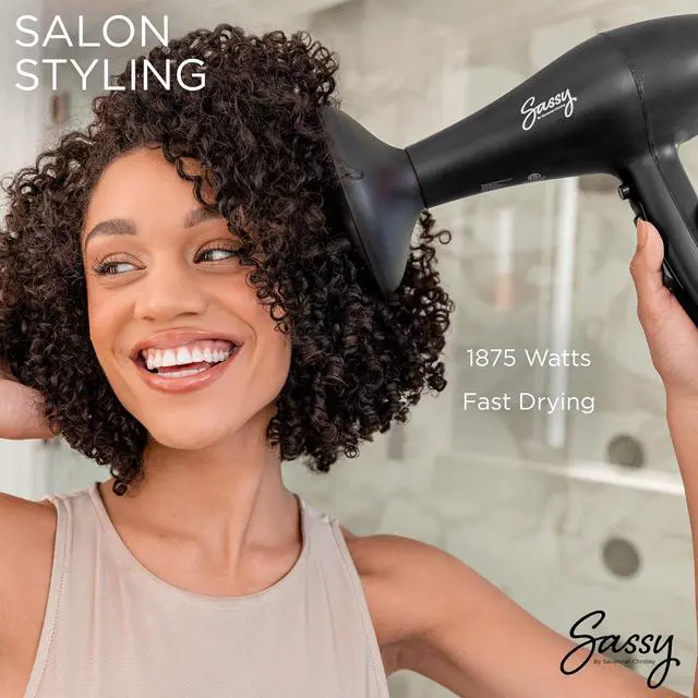 Alt view image 3 of 7 - Sassy Ceramic Ion Hair Dryer, 1875-Watt Salon Dryer with Concentrator and Diffuser, Multiple Heat Settings and Cool Shot (Black)