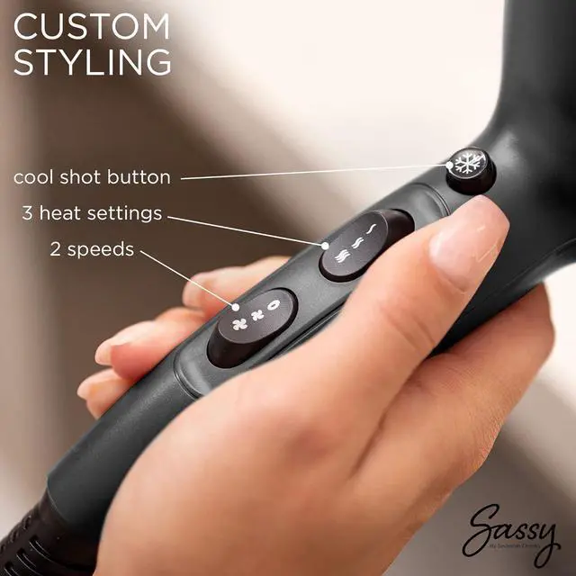 Alt view image 4 of 7 - Sassy Ceramic Ion Hair Dryer, 1875-Watt Salon Dryer with Concentrator and Diffuser, Multiple Heat Settings and Cool Shot (Black)