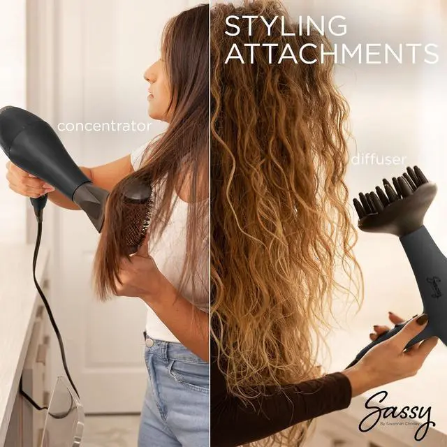 Alt view image 5 of 7 - Sassy Ceramic Ion Hair Dryer, 1875-Watt Salon Dryer with Concentrator and Diffuser, Multiple Heat Settings and Cool Shot (Black)